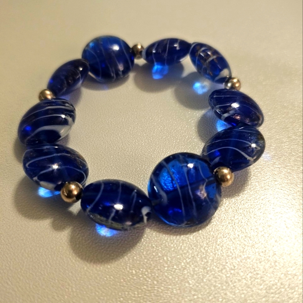 Venetian Glass Stretch Bracelet Beaded Painted Gold..